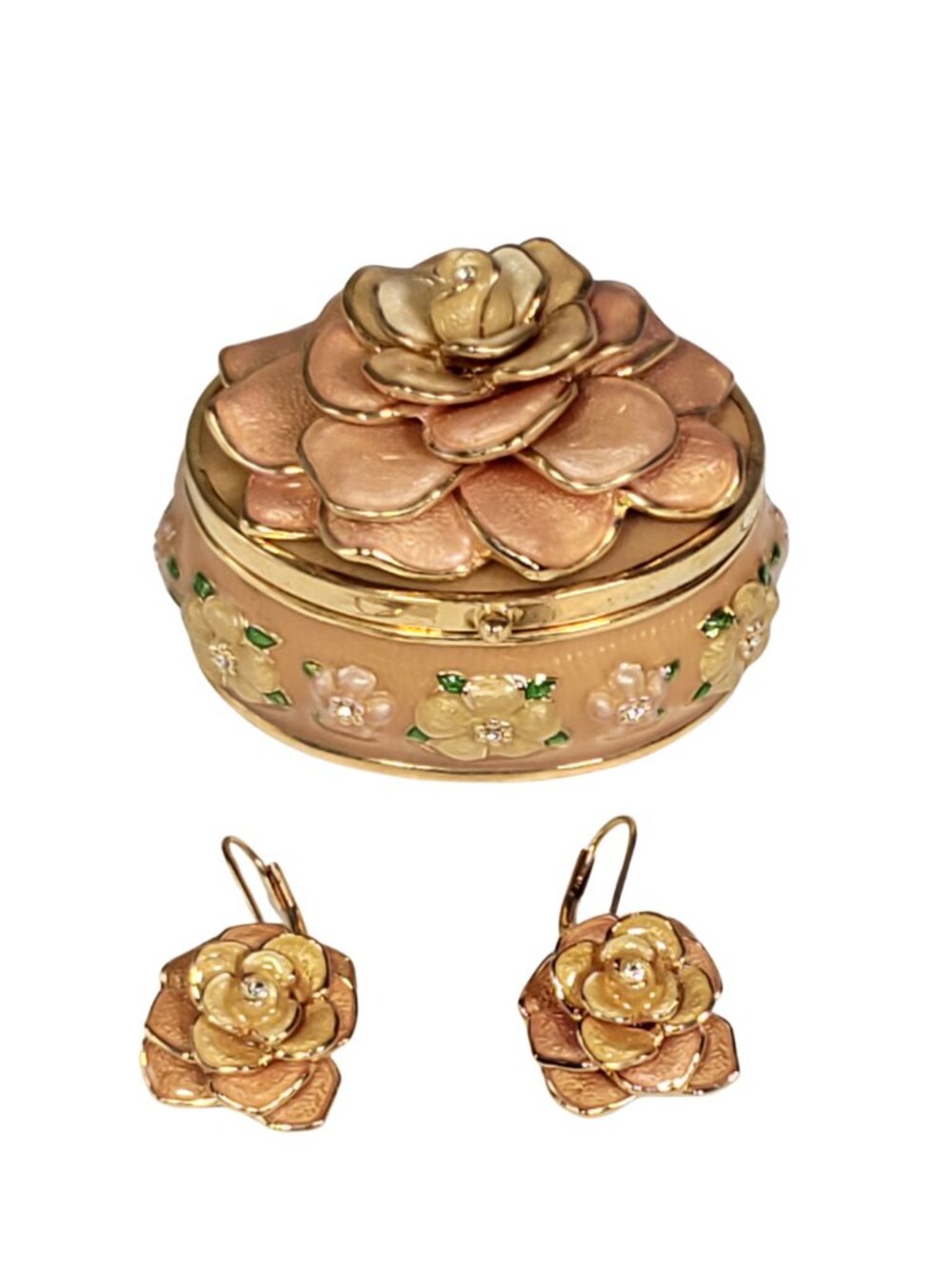 Joan Rivers Floral Trinket Box with Detachable Brooch & Matching Earrings